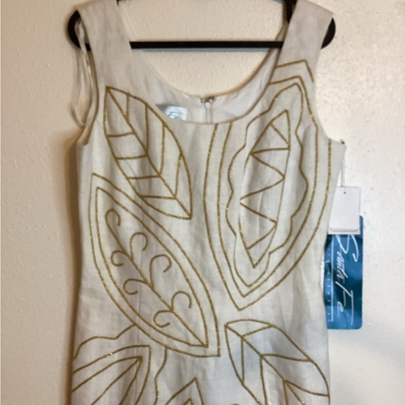 Santa Fe By Jim Tremblay Sheath Ramie Gold Embroidered Leaves Dress Size 4 NWT - Picture 3 of 9